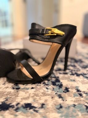 Qupid Black Stiletto Slide Sandals with Gold Buckle